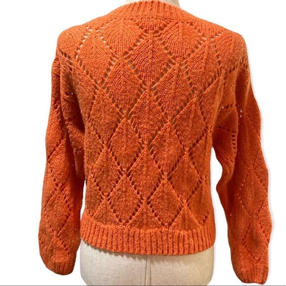 Moon River cropped orange oversized sweater loose crochet weave. Xs - Picture 3 of 7
